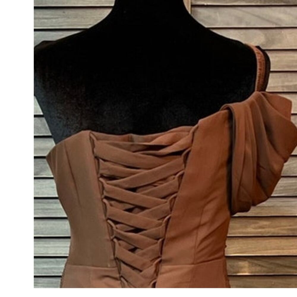 Elegant One Shoulder Corset Formal Gala Gown Size 4 Chocolate Brown RYANTH NWT - Picture 7 of 11